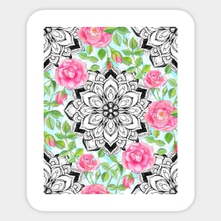 Pink Roses and Mandalas on Sky Blue Lace Sticker